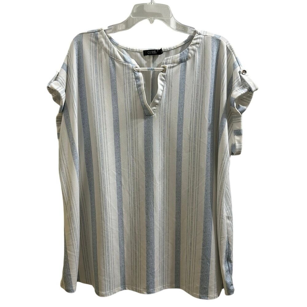 Cure Top Striped Blue & White Keyhole Blouse 2XL 2X Stretch Plus Size Shirt